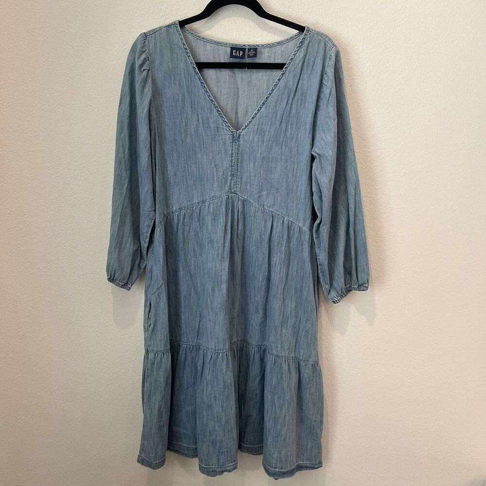 Gap Women’s 100% Cotton Denim Tiered Dress with Washwell Blue M Tall Western - Picture 1 of 8